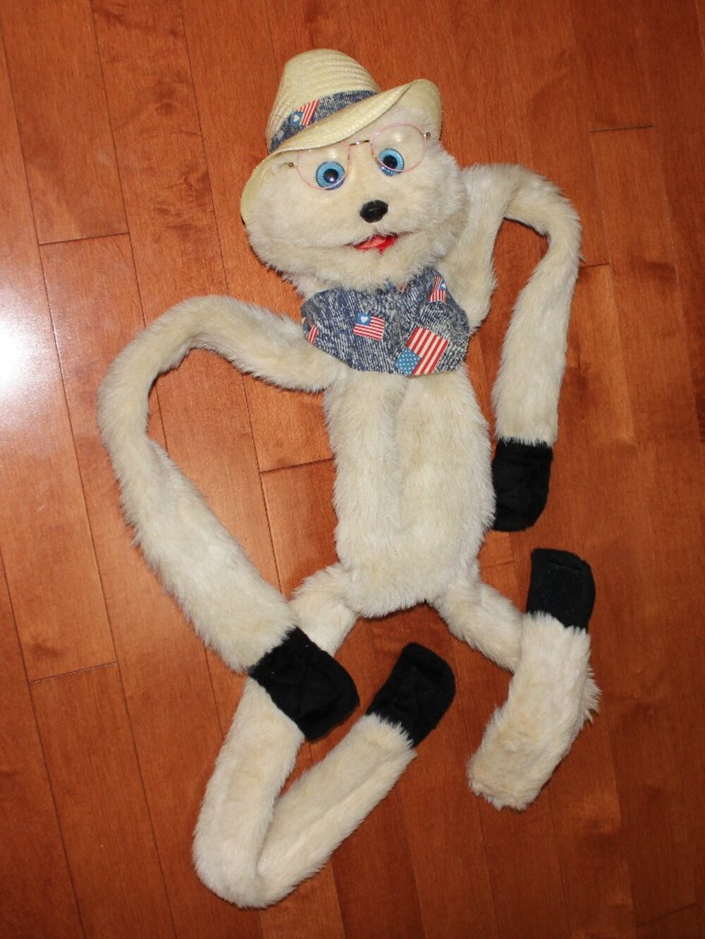 1989❤️Wynn Miller Mopkins Puppet 42" American Flag Straw Hat Bandanna Neck Scarf